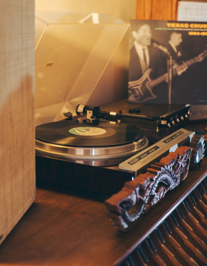 Record player spinning vinyl in the tea room